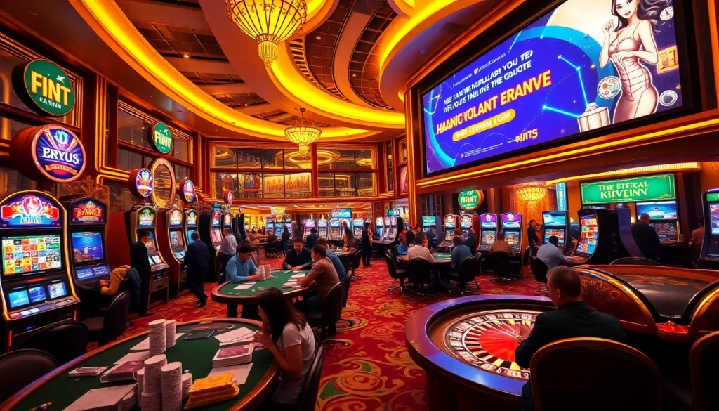 A dynamic casino environment featuring poker tables and slot machines with promotions linked to https://hanoiculturetravel.com/ enticing players to join the fun.