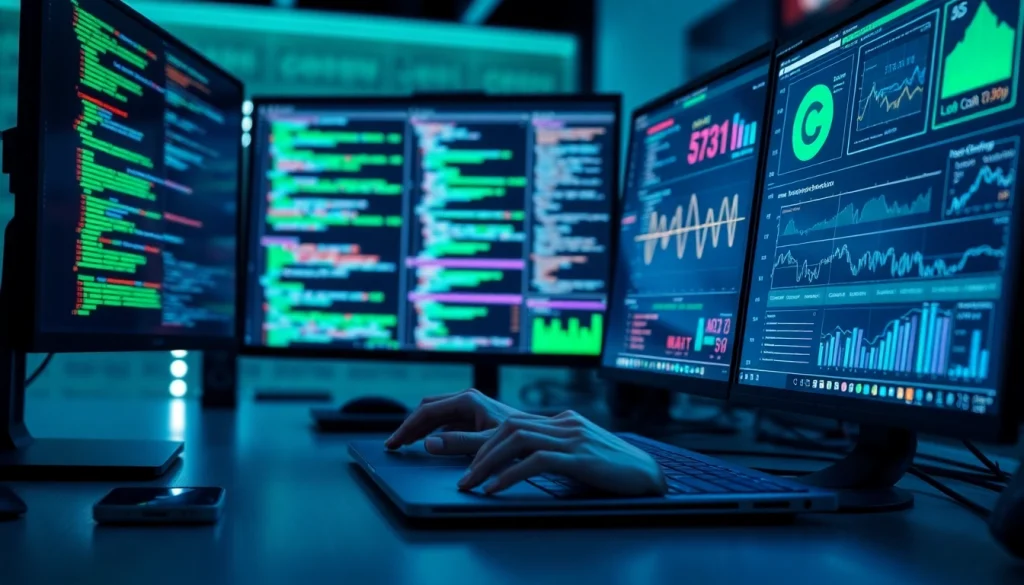 Innovative tech workspace showcasing infosec analytics and e-commerce monitoring tools.