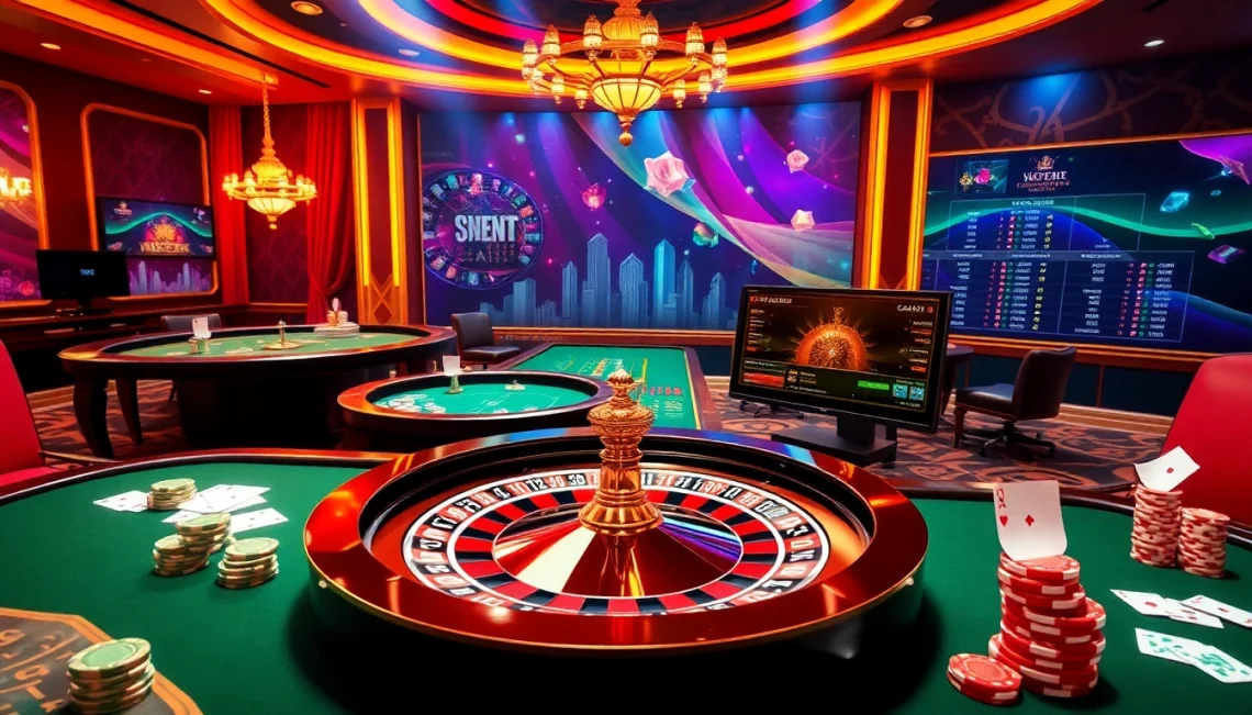 SAY88 com showcasing vibrant casino games with poker tables, roulette wheels, and colorful betting slips.