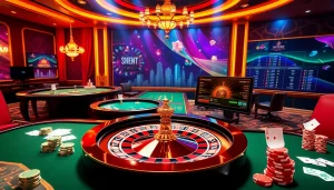 SAY88 com showcasing vibrant casino games with poker tables, roulette wheels, and colorful betting slips.