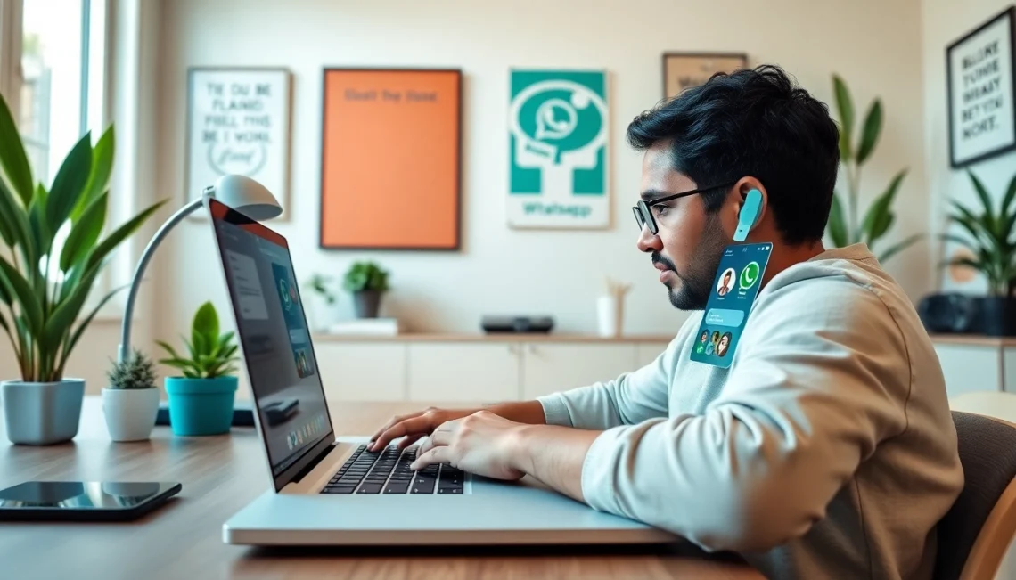 明亮家庭办公室中，现代笔记本上吸引人的 WhatsApp Web 界面。