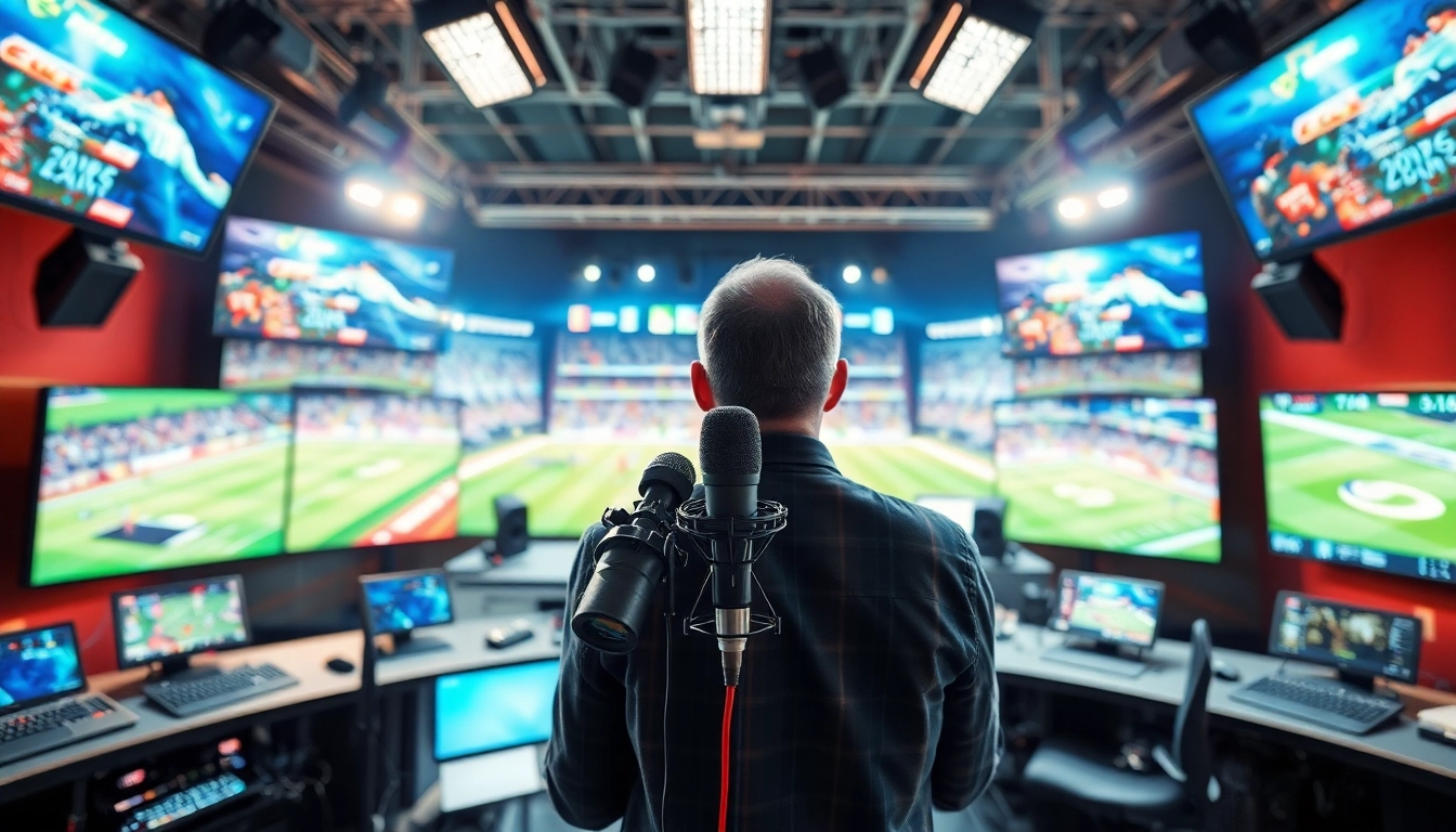 Engaging sports broadcasting studio setup featuring live event coverage and announcer.