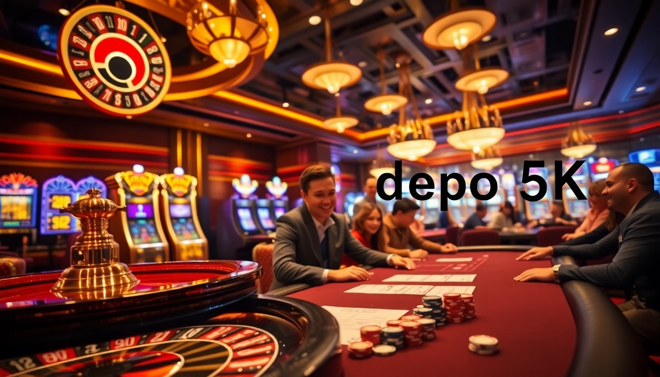Gambling excitement with players celebrating at a casino, featuring depo 5k betting options and vibrant gaming setups.
