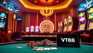 Playing at vt88's luxurious casino table with chips and cards in an exciting atmosphere.
