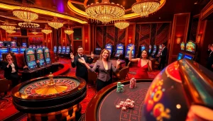 Exciting scene showcasing RR88's luxury casino atmosphere with vibrant tables and celebrating players.