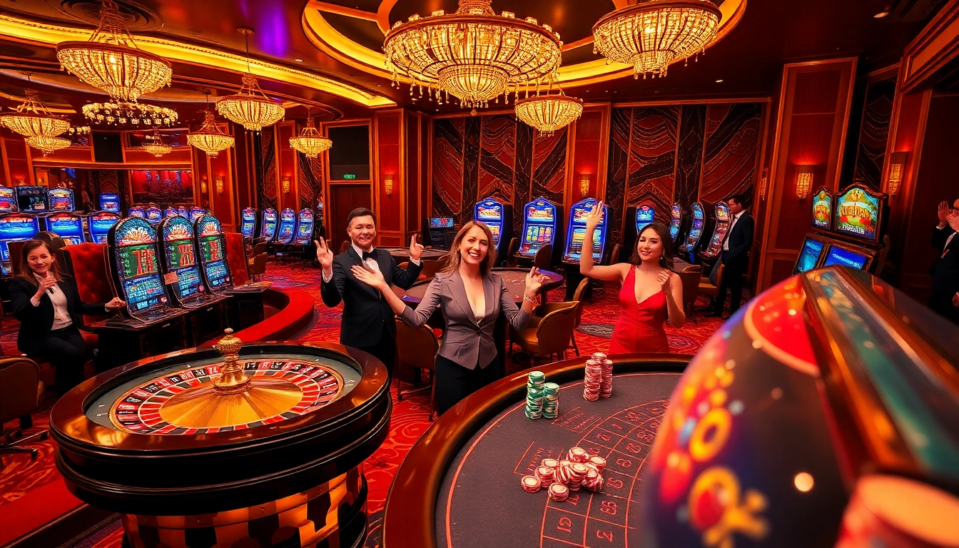 Exciting scene showcasing RR88's luxury casino atmosphere with vibrant tables and celebrating players.