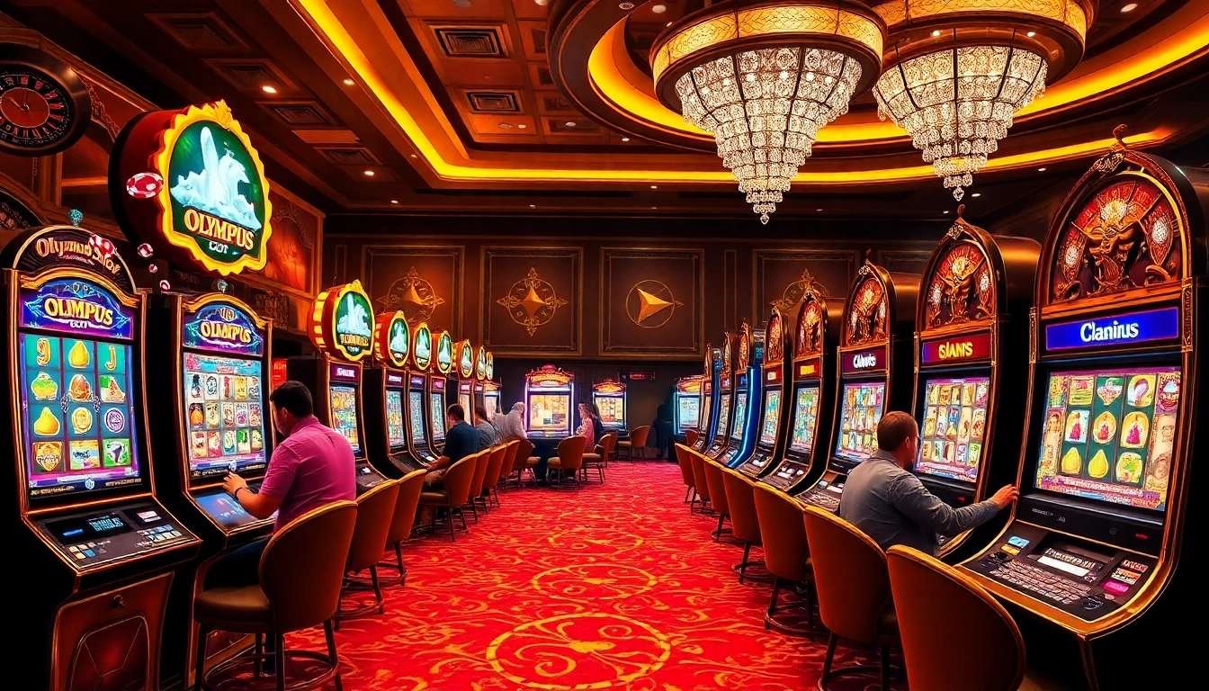Pemain menikmati mesin slot Olympus di kasino mewah dengan warna-warni cerah dan suasana yang penuh semangat.