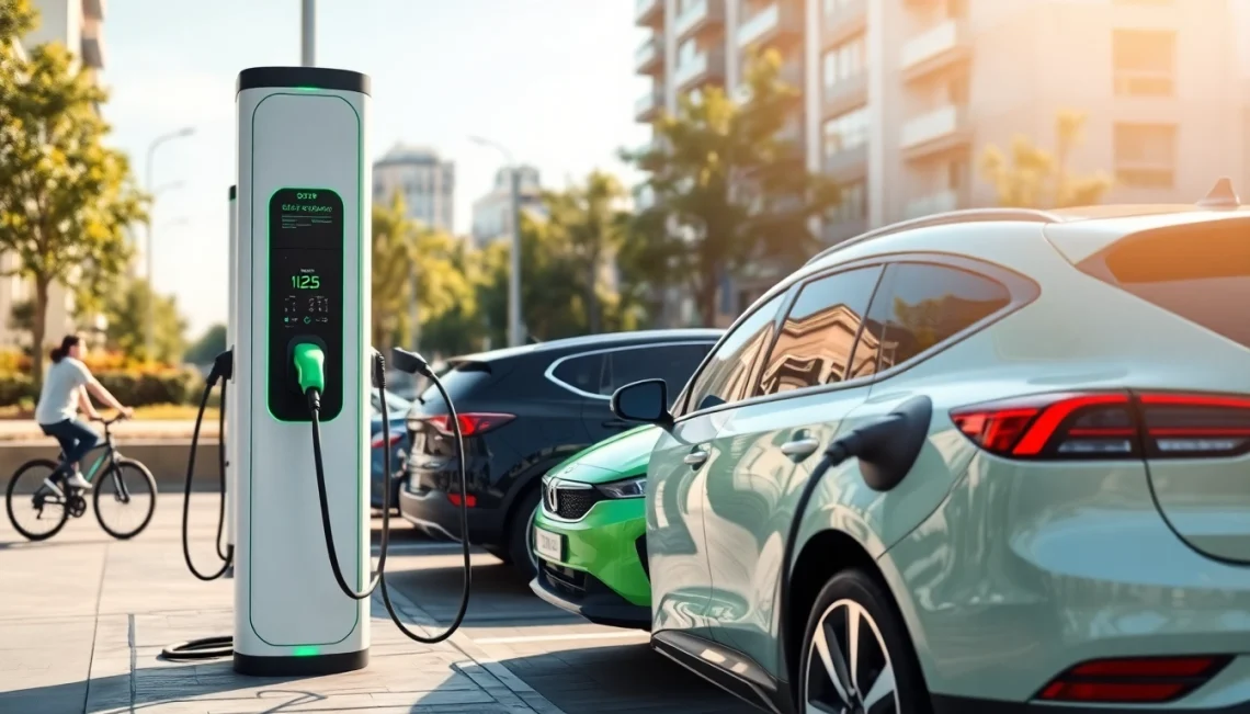 Showcasing EV charging solutions at a modern charging station in an urban environment.