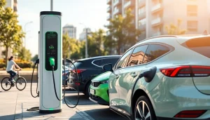 Showcasing EV charging solutions at a modern charging station in an urban environment.