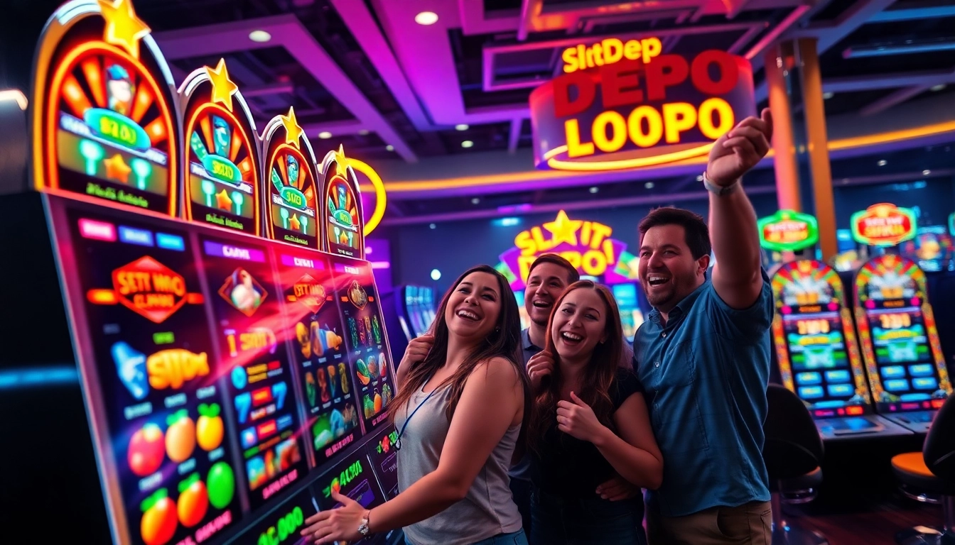 Permainan slot depo 1000 penuh semangat dengan para pemain merayakan kemenangan di kasino modern.