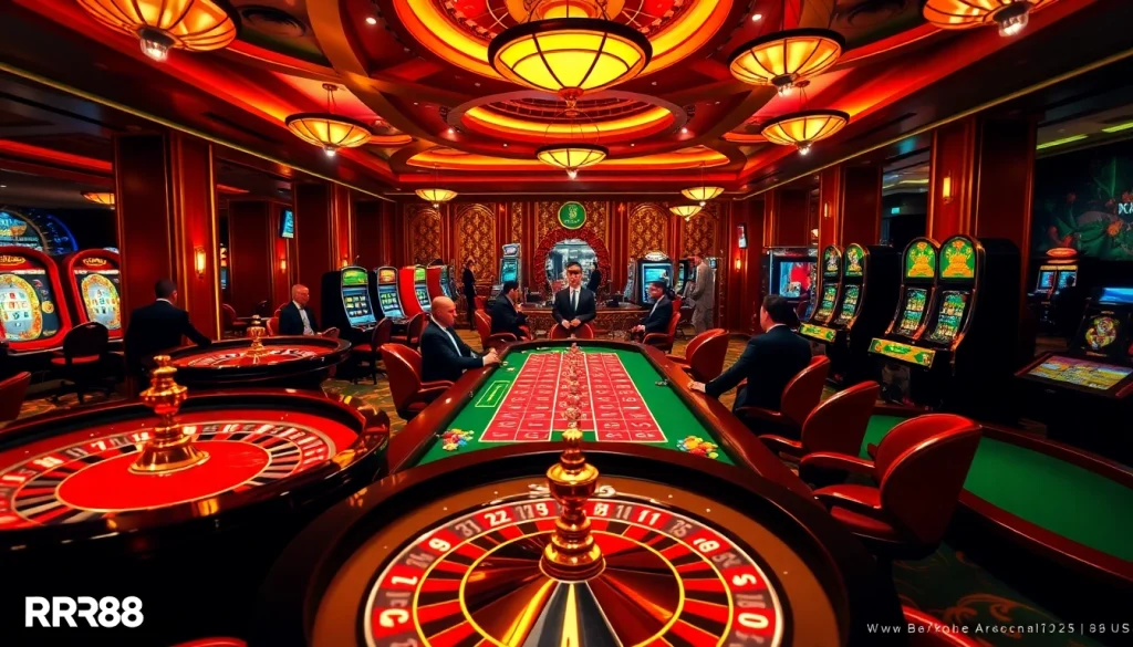 Players enjoy various games at RR88 casino, highlighting a vibrant and luxurious gambling atmosphere.