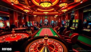 Players enjoy various games at RR88 casino, highlighting a vibrant and luxurious gambling atmosphere.