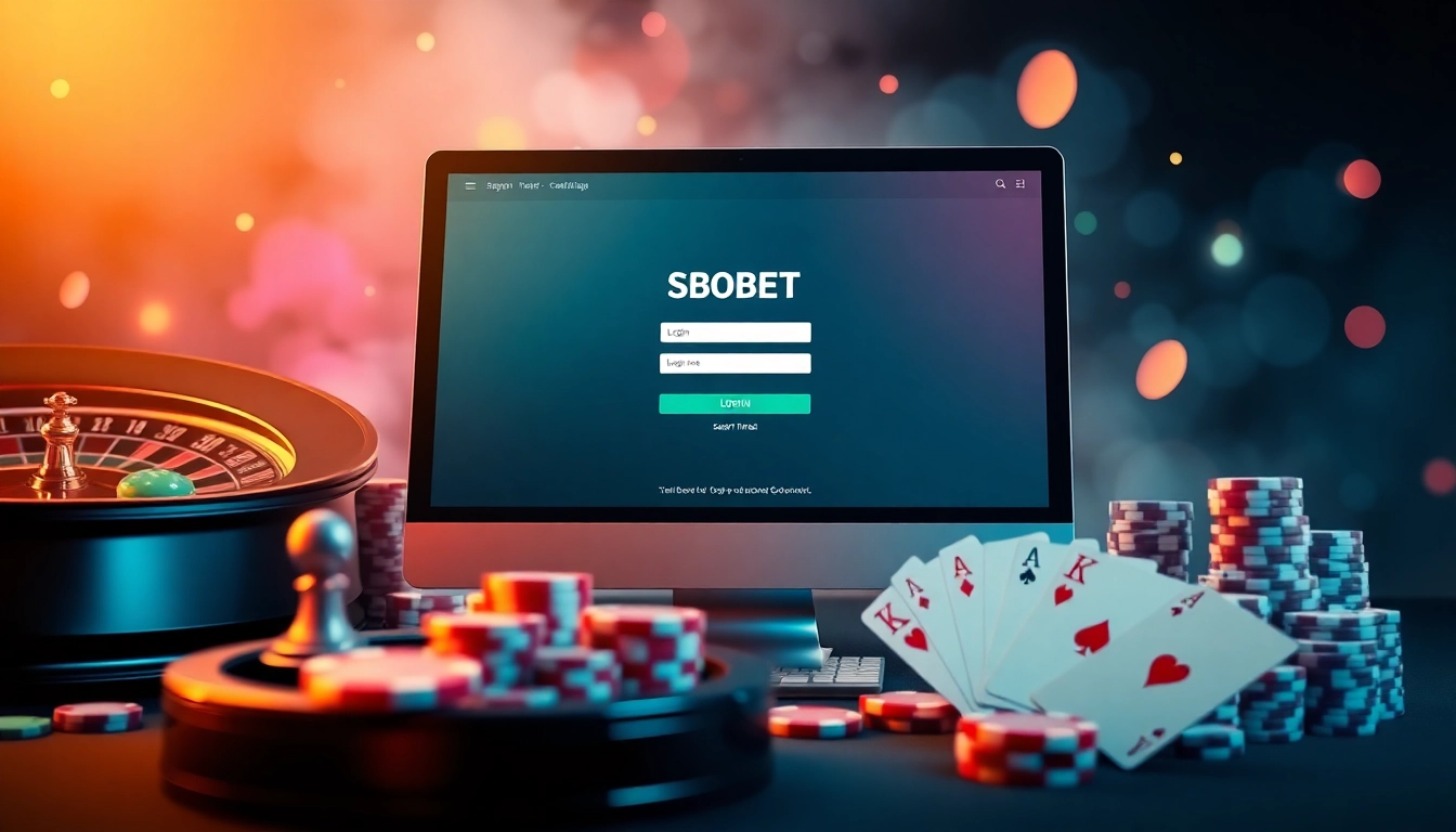 Sbobet login terbaru interface surrounded by poker chips and roulette wheel, inviting gamblers to strategic play.