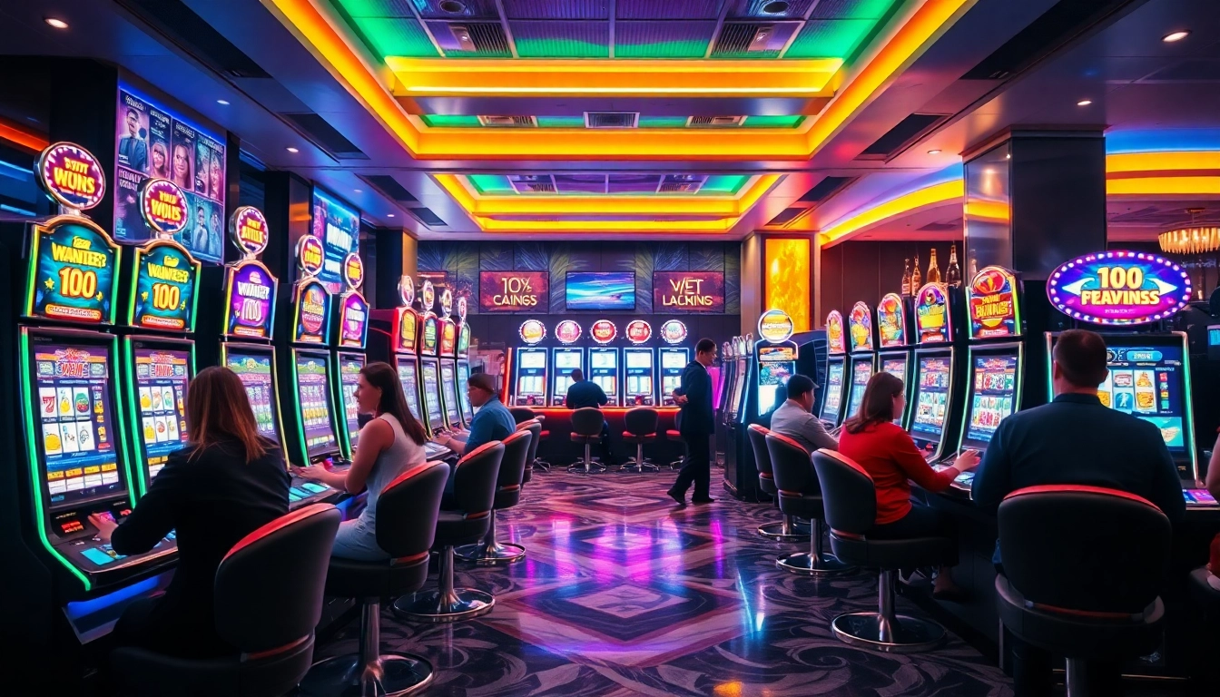 Menggambarkan pengalaman slot depo 1k yang menarik dengan mesin slot cerah di kasino modern.