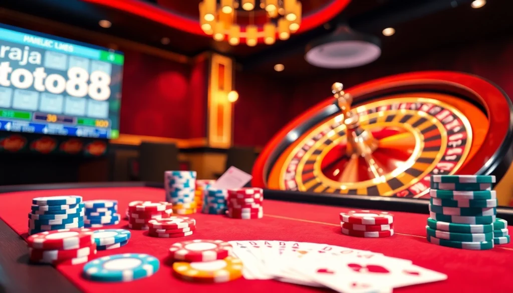Exciting casino scene with poker chips and raja toto88 betting interface highlighting online gambling.