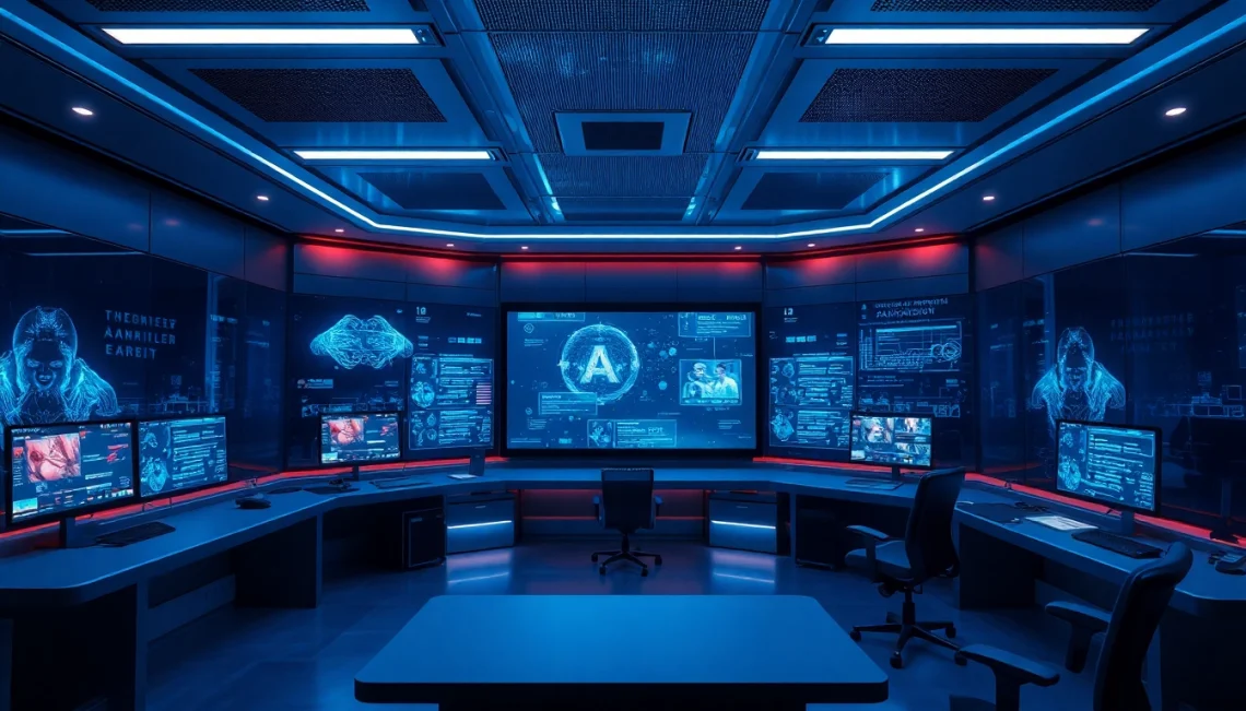 Futuristic control room showcasing AI technology in porn ai creation.