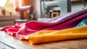 Poplin katoen swatches in verschillende kleuren en patronen op een houten tafel.