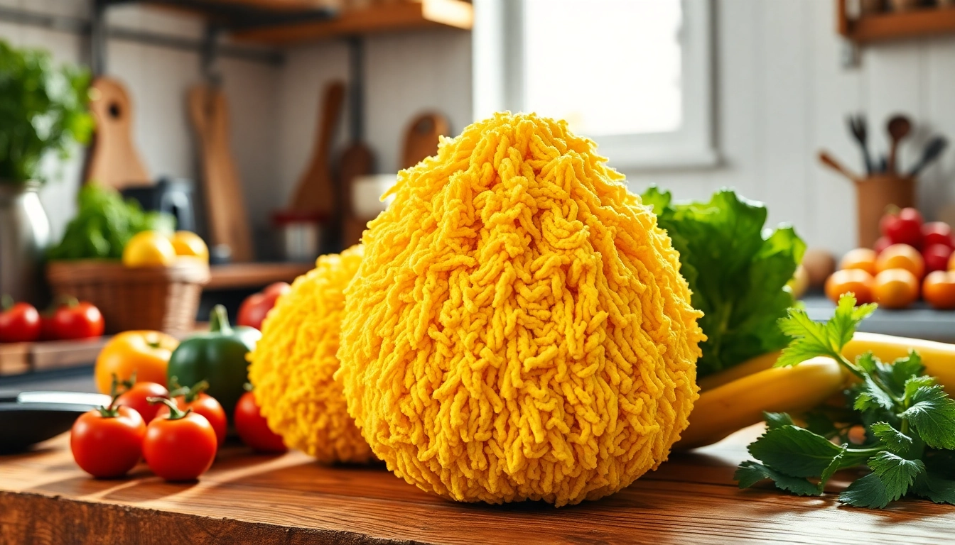 Highlighting kitchen loofah benefits, a vibrant loofah on a wooden countertop amidst fresh vegetables.