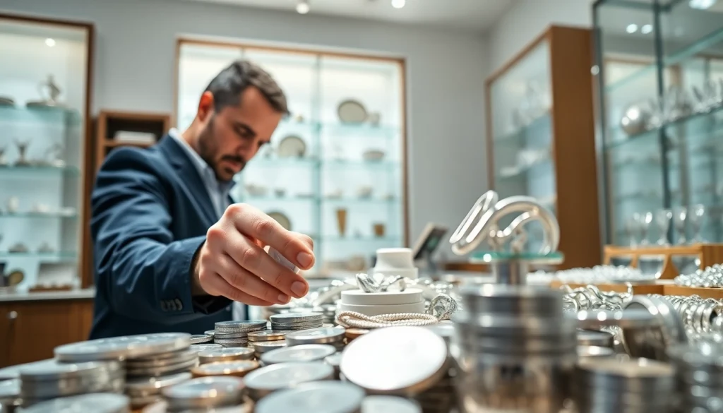Valutazione esperta del compro argento in un negozio di gioielli con oggetti d'argento.