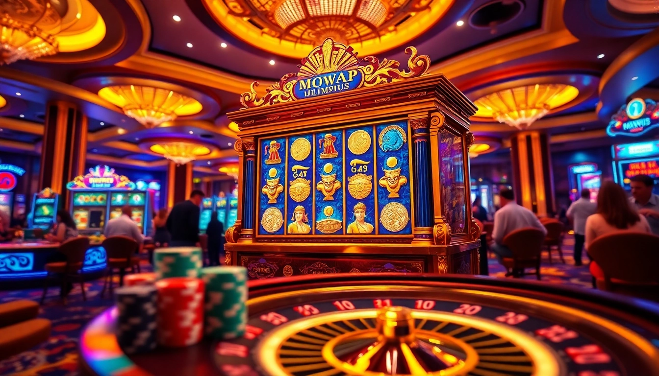 Engaging scene of Olympus slot machine surrounded by excited players at a lavish casino.