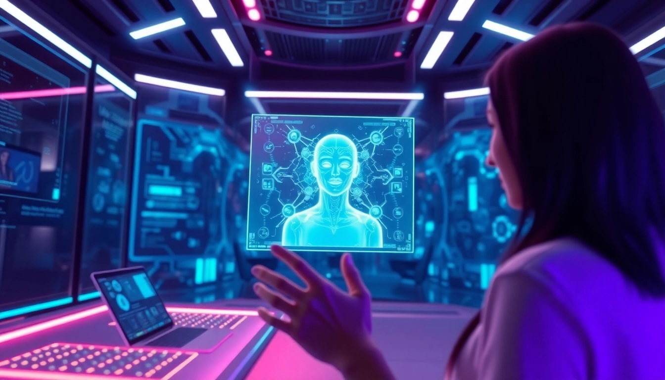 Engaging NSFW AI character interaction in a futuristic digital environment