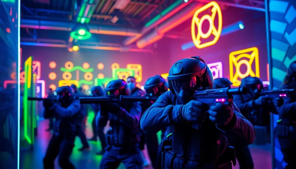 Players engaged in an exciting game of Laser tag in a vibrant arena