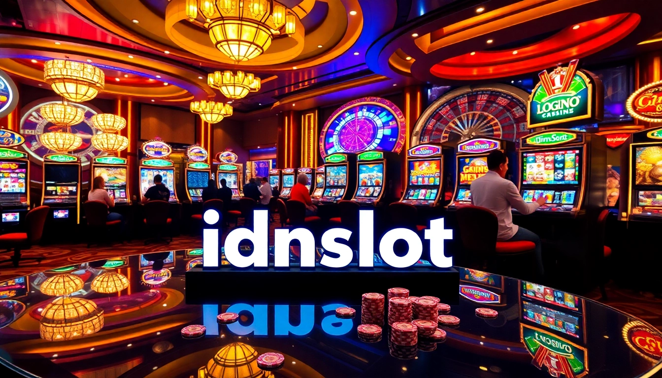 Experience the thrill of idnslot games at a vibrant casino with players and slot machines.