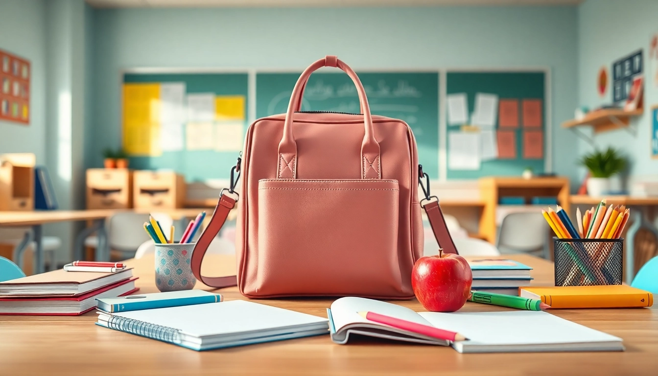 Handtasche für Schulen auf einem Schreibtisch mit Schulmaterialien.