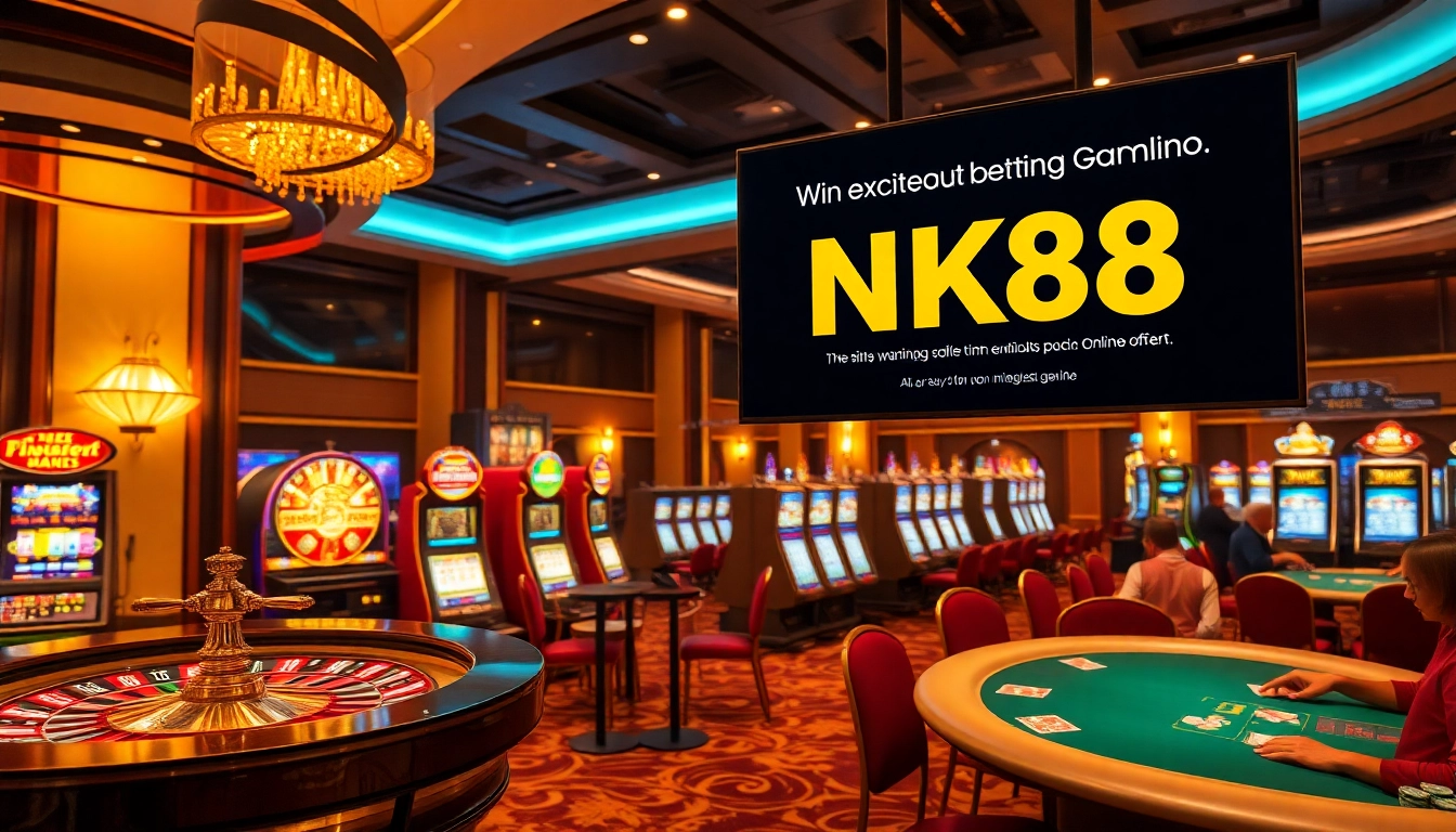 Players engaging with NK88 gaming tables amidst a luxurious casino atmosphere.