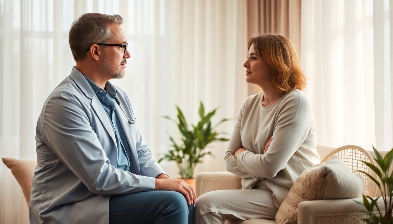 Therapist discussing depression symptoms with a patient in a calming, supportive environment.