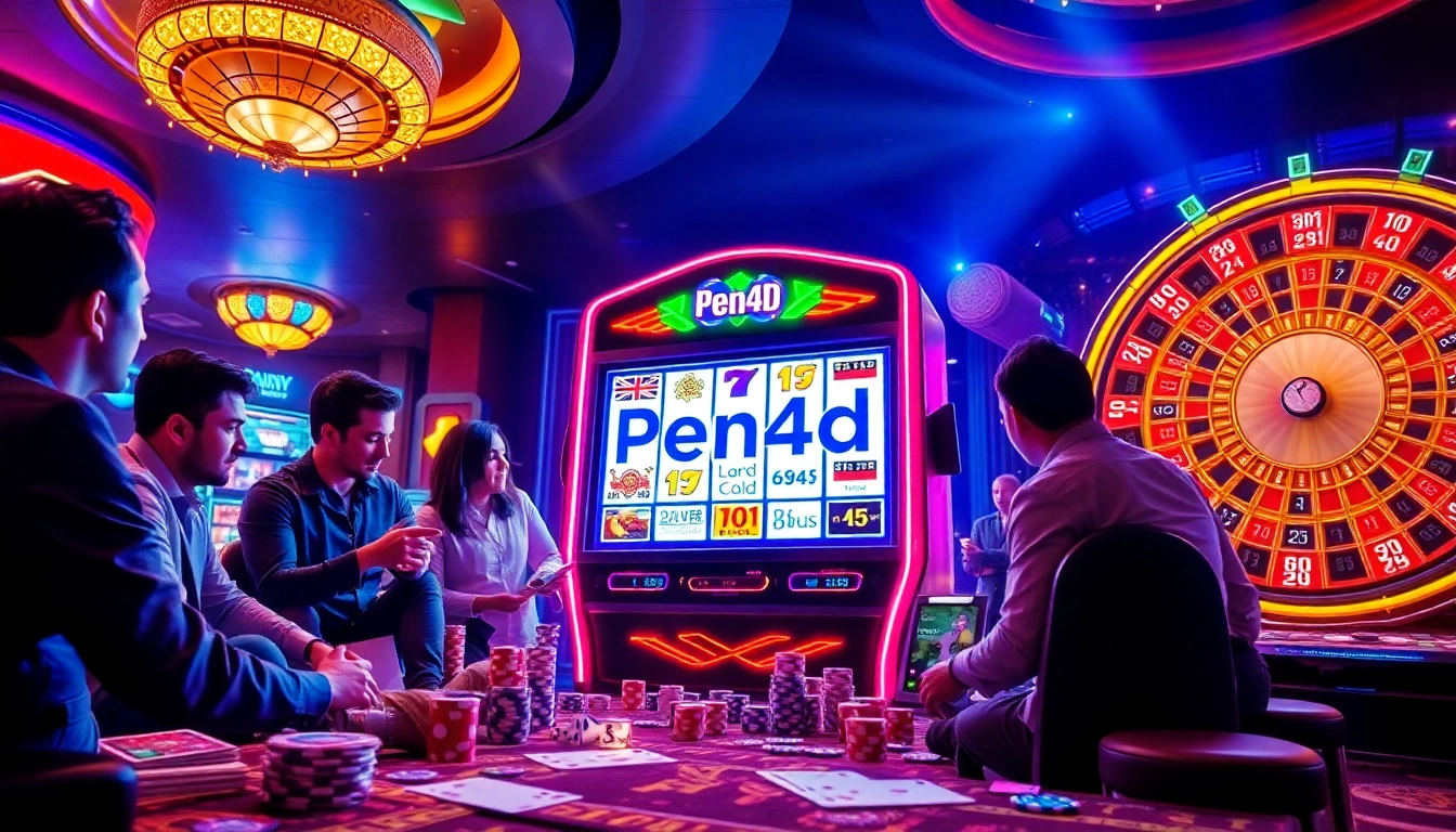 Players winning at the vibrant Pen4d slot machine in a luxurious casino setting.