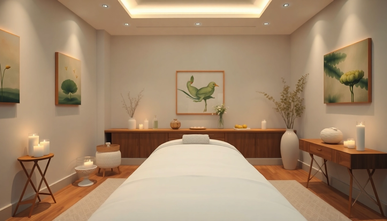 편안한 분위기와 부드러운 장식이 있는 스웨디시 마사지 치료실.