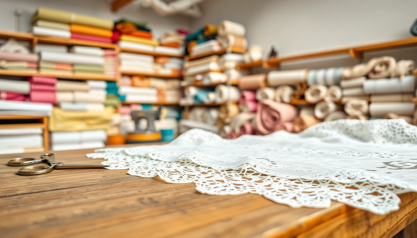 Kanten stof per meter in een sfeervolle naaiwerkplaats met delicate ontwerpen.